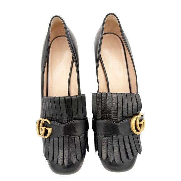 Gucci Marmont GG Fringe Loafers Low Block Heel Pumps Black LeatherSize 39 US 9 - Picture 4 of 15